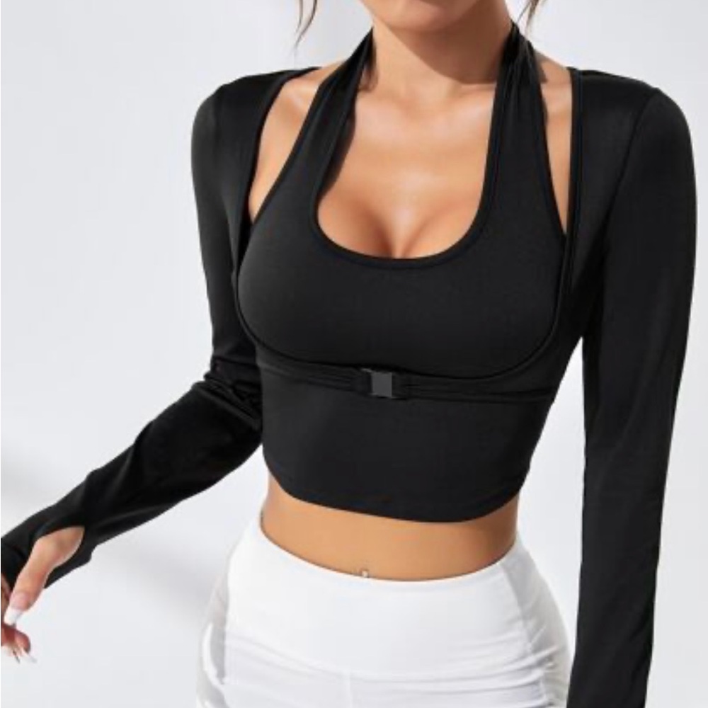 SHEIN Black Cut-Out Bodysuit Crop Top w/Front Belt-Size L